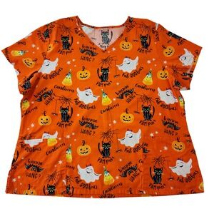 Halloween Scrub Top Orange Black Cat Ghost Pumpkin V-Neck Medical Uniform XL